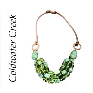 Coldwater Creek | Green Stone And Glass Leather Strap Boho Necklace